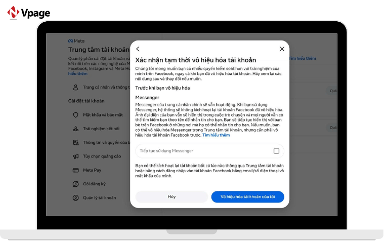 Nhấn vô hiệu hóa tài khoản của tôi